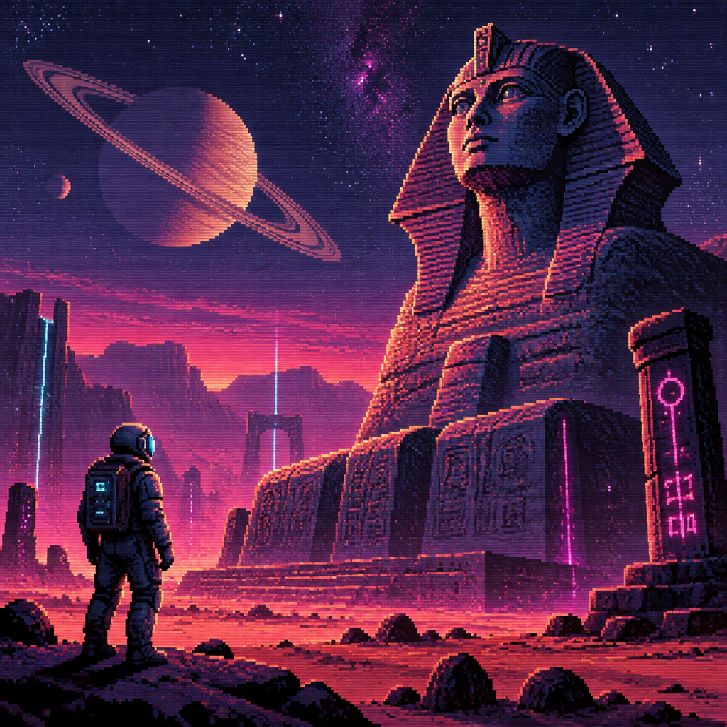 An astronaut looks up at a sphinx statue on an alien desert planet. Saturn is in the sky at a distance