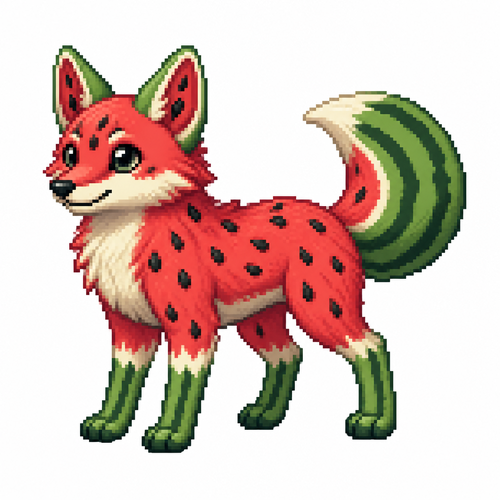 Cartoon watermelon fox (quadruped), full body, white background