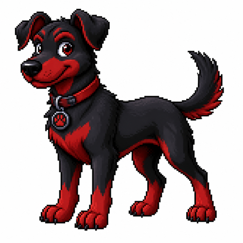 Black and red cartoon dog, full body, white background