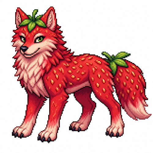 Cartoon strawberry wolf (quadruped), full body, white background