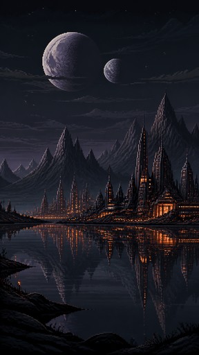 Pixel art mountain village glowing at night, reflected in a calm lake.