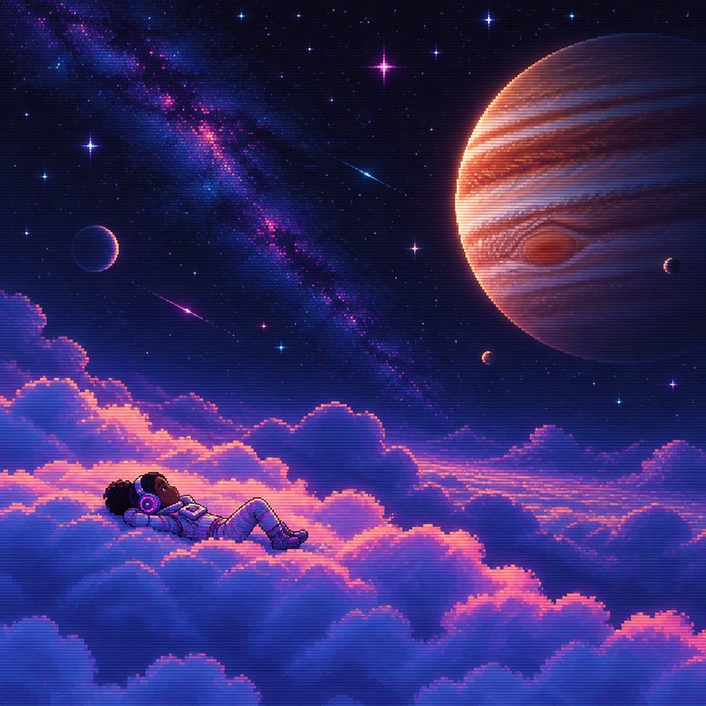 A young girl astronaut with dark skin and headphones lays on her back on top of fluffy clouds beneath the stars with jupiter in the distance. Seen from far away