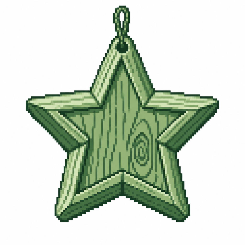 A carved wooden star ornament with visible grain and layered beveled edges. White background