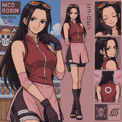 Nico robin  de one piece con la ropa sakura haruno del anime deNaruto 