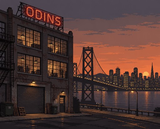 Pixel art city waterfront at dusk with an illuminated diner and suspension bridge