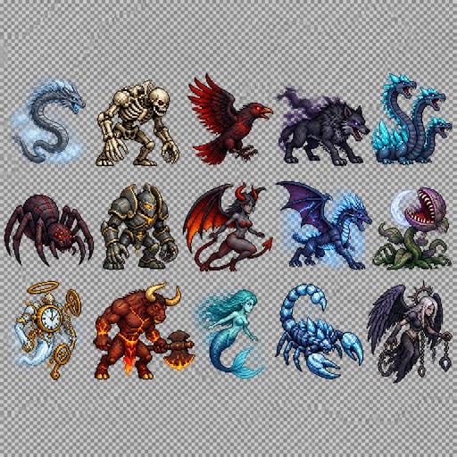 Create a 2D pixel art sprite sheet featuring 15 individual icons each exactly 32x32  pixels, arranged 5 horizontally and 3 vertically spaced evenly. Style: classic fantasy RPG, inspired by 16bit games, with crisp pixel art, clean outlines, subtle shading, and a cohesive color palette. Use a transparent background. Each Icon  should be centered within its 32x32 canvas and remain highly readable at small sizes. 




The 15 icons are: 




Mist Serpent
Bone Golem
Blood Raven
Shadow Wolf
Crystal Hydra
Abyss Spider
Living Iron Guardian
Ash Succubus
Storm Dragon
Lunar Carnivorous Plant
Clock Spirit
Lava Minotaur
Spectral Mermaid
Ice Scorpion
Fallen Angel of Chains

Requirements: 
	•	Each icon must be exactly 32x32 pixels.
  • All based off of real life variants.
   • All facing sideways so you see the side of their bodies.
	•	Output as a sprite sheet with each icon occupying its own 32x32 cell** DO NOT GO OUT PAST THESE PARAMETERs**
	•	Transparent background.
	•	No text, labels, borders, or UI elements.
	•	Consistent Fantasy RPG Aesthetic across all icons.
	•	High contrast and excellent readability for use in a game interface.
	•	Clean polished pixel art with enough detail for low resolution sprites.
	•	Avoid anti-aliasing, blurring, or painterly effects; preserve a true pixel art appearance.