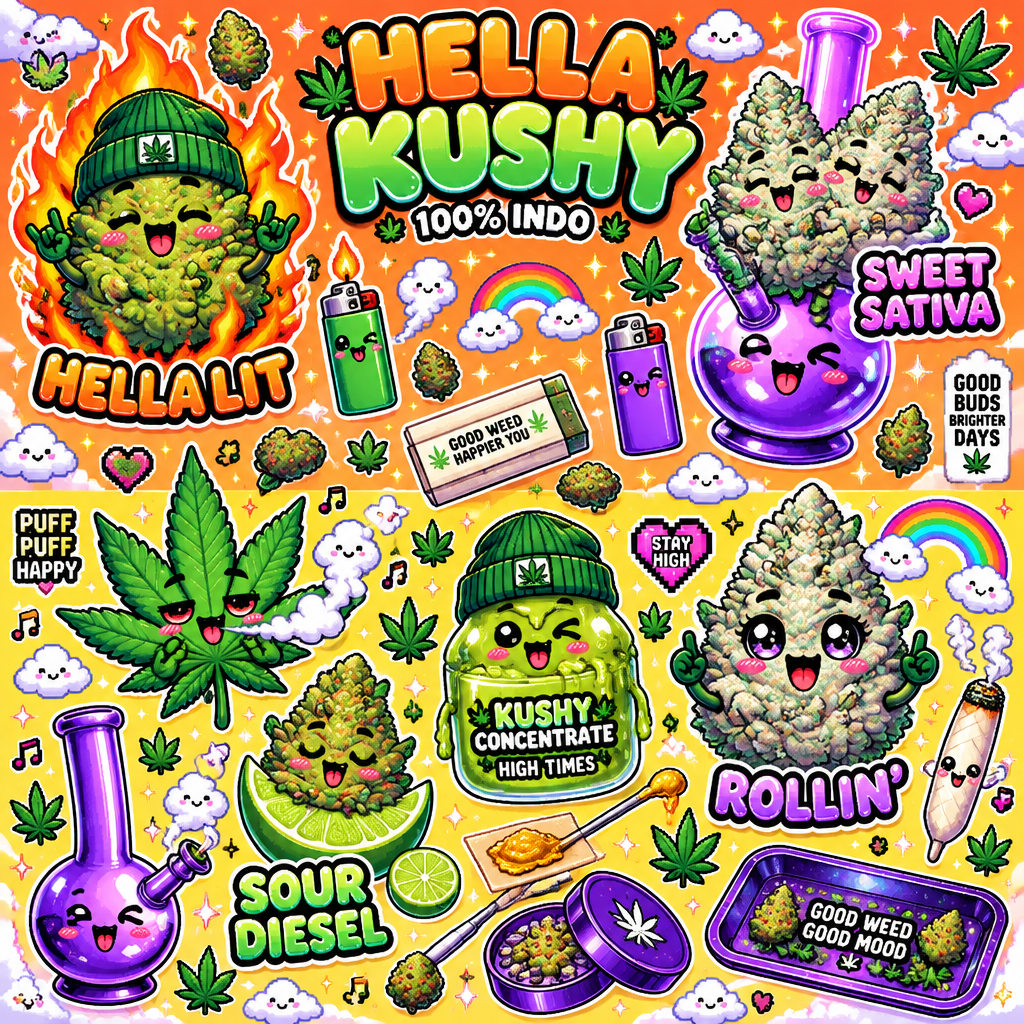 Kawaii Japanese style sticker sheet style illustration of anthropomorphic cannabis buds and weed accessories, vibrant kawaii aesthetic, neon purple-to-blue gradient background with fluffy white clouds, rainbows, sparkles, stars, music notes, and floating cannabis elements.
Top half (orange background):
- Bold bubbly logo text "HELLA KUSHY" in orange-to-green gradient with white outline, smaller white text "100% INDO" underneath
- Left: smiling green cannabis bud character wearing a green beanie, on fire with orange flames, labeled "HELLA LIT"
- Right: two frosty smiling cannabis buds sitting in a purple glass BONG, labeled "SWEET SATIVA"
- Floating cute green and purple lighters with faces, rolling papers, smoke clouds, cannabis leaves
Bottom half (YELLOW background):
- Large green cannabis leaf coughing out smoke.
- Smiling cannabis bud on a lime slice labeled "SOUR DIESEL"
- Green concentrate character wearing a beanie inside a green jar, winking, labeled "KUSHY CONCENTRATE" and "HIGH TIMES"
- Large smiling frosty cannabis bud character labeled "ROLLIN’"
- Purple bong with a face, joint with a face and smoke, grinding tray, more floating lighters, leaves, and rainbows
Overall style: thick clean outlines, glossy highlights, highly saturated colors, playful and cheerful kawaii weed theme, sticker pack layout, high detail, vibrant lighting --stylize 250 --v 6