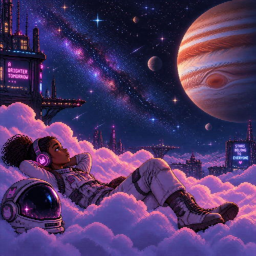 From far away young teen girl astronaut with brown skin and headphones and helmet off lays down on fluffy clouds amat night. Many stars and Jupiter are in background 
