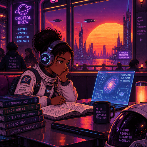 A young teen girl astronaut with brown skin and headphones sits in a future cafe studying astrophysics. A huge sun is setting outside the window