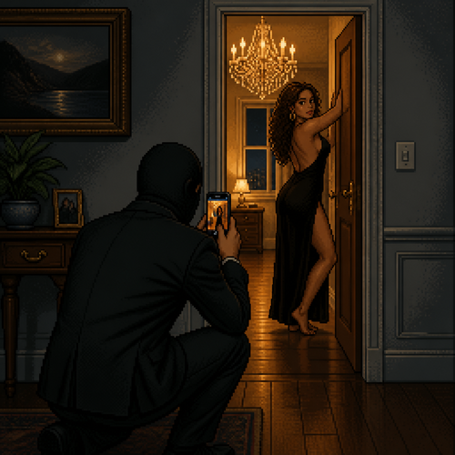 interior hallway scene, dimly lit room in the foreground with framed painting on the wall, potted plant on a wooden console table, small framed photo on the table, light switch on wall, man wearing a tailored black suit and a plain black balaclava-style mask covering his entire head and face, two simple round eye holes, crouched in the foreground with back to camera, holding up a phone to take a photo, phone screen glowing, tan-skinned Hispanic woman with curly brown hair standing in an open doorway beyond him, wearing a black backless dress with a high leg slit, one arm raised resting on the doorframe, warm golden light from a crystal chandelier glowing behind her, glimpse of a nightstand and window in the room behind her, cool grey-toned hallway in the foreground contrasting with warm amber light in the doorway, wood floor, dramatic side lighting, moody shadows, 16-bit pixel art, dithered shading, limited color palette, hard pixel edges, retro game aesthetic, cinematic framing