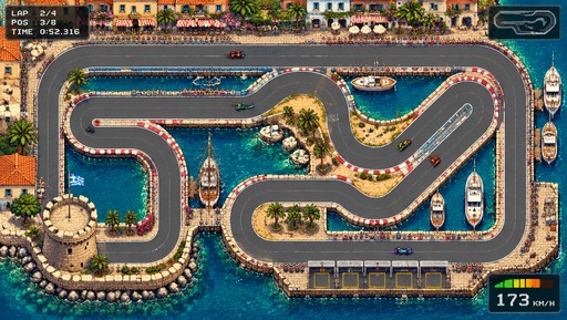 Pixel art water park with winding blue slides, palm trees, and buildings.