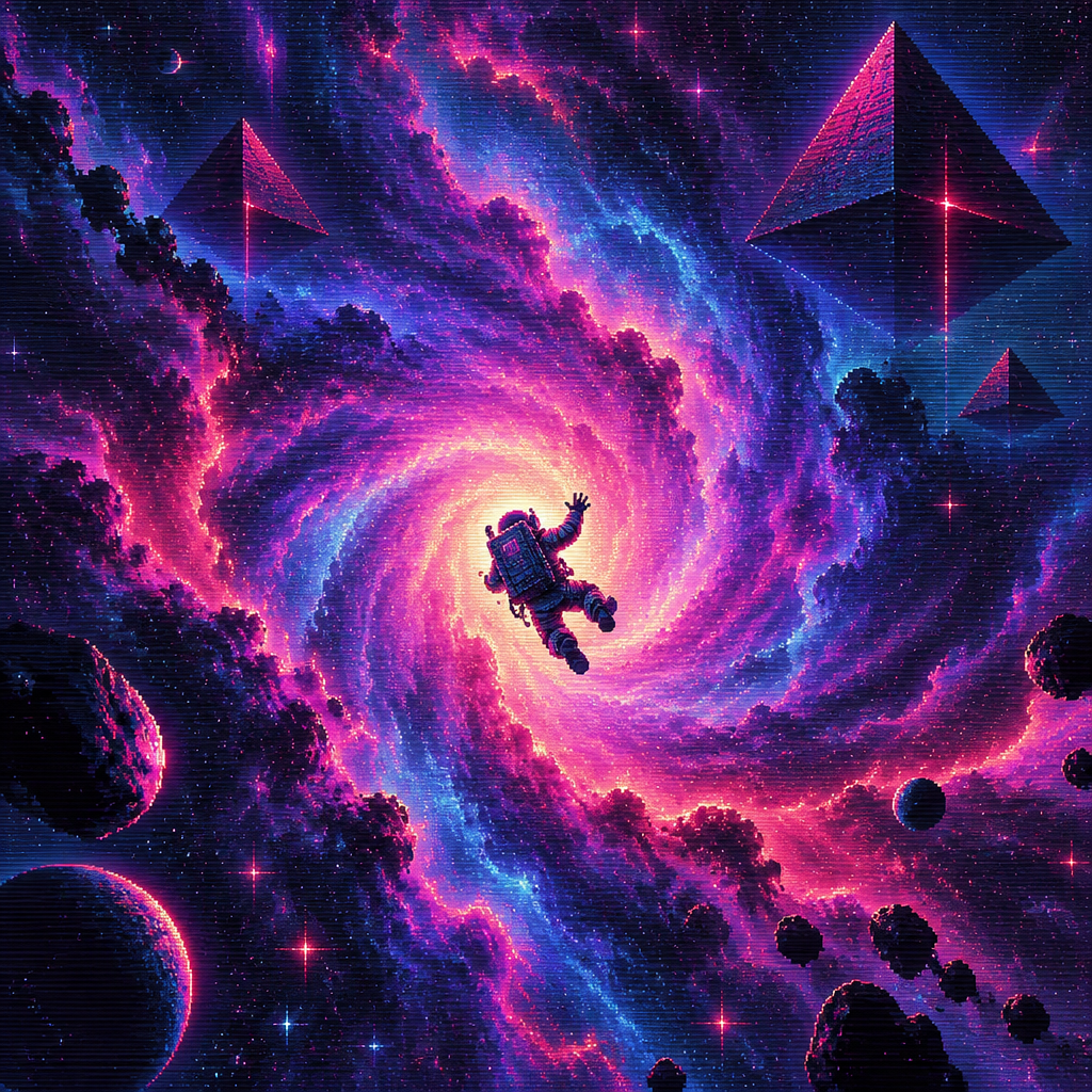 Seen from a distance, an astronaut is falling into a huge nebula. Center the astronaut in the nebula floating space pyramids are in the distance