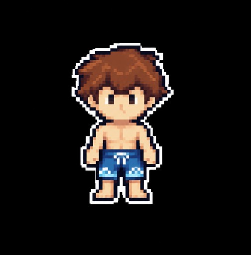 Pixel art person wearing blue shorts on a black background