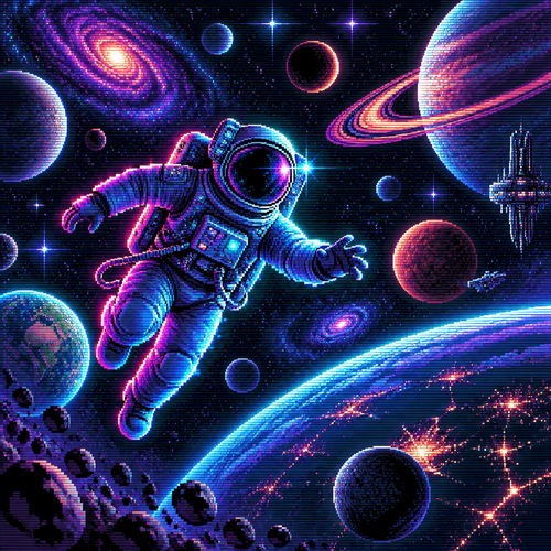 Astronaut floats in space with many planets