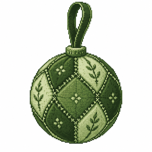 A quilted fabric bauble with embroidered seams and a velvet hanging loop. White background 