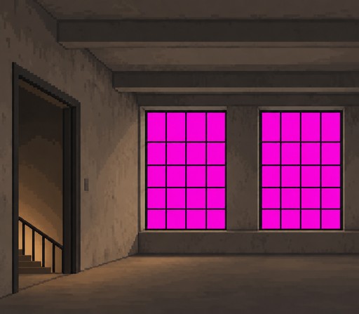 Pixel art of a dim room with two bright pink grid windows and an open door.