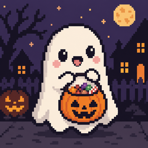 Cute kawaii ghost holding a Halloween bucket filled with candy 