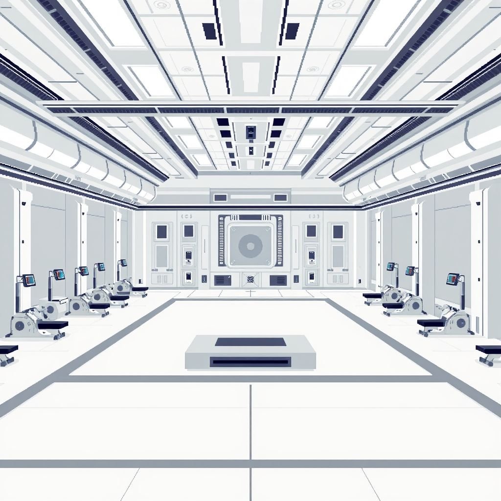 An open, massive sci-fi training room with exercise equipment and a sparring area. Minimalist, clean. Use a mostly pure white and sterile color palette, pixelated, retro, 16-bit, blocky, vintage.