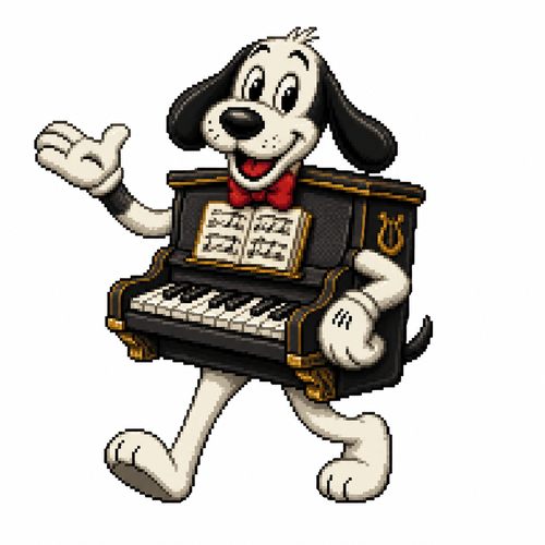 Cartoon piano dog, full body, white background