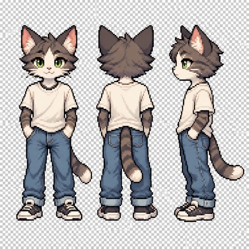 Create a 2D pixel art character sprite sheet, 64x64 pixel resolution.

Character: a humanoid cat, modern casual style.

Create three views of the same character:
1. Front view (full body, facing the viewer)
2. Back view (full body, showing the back)
3. Side view (full body, facing left)

Design:
- Anthropomorphic cat with human body proportions
- Cute but stylish appearance
- Cat ears, tail, feline face features
- Modern clothing:
  - casual t-shirt
  - blue jeans
  - sneakers or modern trainers
- Detailed pixel art with clear readable silhouette
- Game character sprite style
- Consistent proportions between all views
- Clean pixel edges
- Limited color palette
- High-quality 2D game asset
- No background, transparent background
- No text, no UI elements

Style:
- 64x64 pixel art
- retro indie game character
- detailed but clean pixels
- suitable for a 2D platformer or RPG game
- professional game sprite sheet