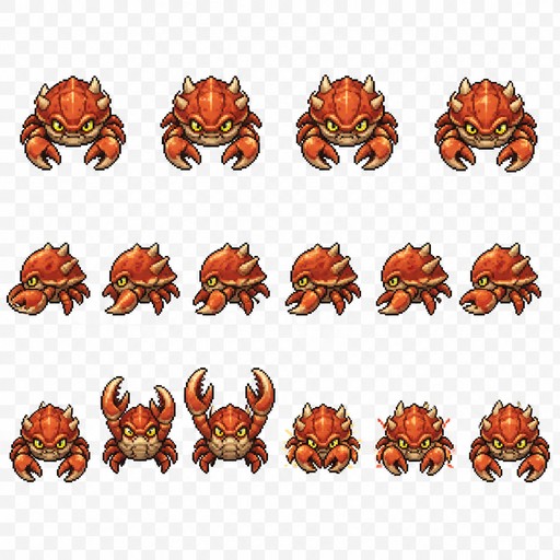 Create a 2D pixel art NPC sprite sheet of a Lizard enemy character.

Character:
- A fantasy crab creature NPC
- Top-down view (camera looking from above)
- Full body visible
- Cute but slightly dangerous game enemy design
- Detailed pixel art style
- Clean pixel edges, no anti-aliasing
- Suitable for a 2D RPG / adventure game
- Character size: 64x64 pixels per frame

Sprite sheet animation:
Create a single sprite sheet with multiple animation frames, each frame exactly 64x64 pixels.

Animations required:

1. Idle / Front Facing:
- Crab standing still facing the camera/top-down player view
- Neutral pose
- Claws slightly open
- 2-4 idle frames with subtle movement:
  - body bobbing
  - claws moving slightly
  - small leg movement

2. Side Step Movement:
- Crab moving sideways
- Walking animation cycle
- 4-6 frames:
  - legs alternating movement
  - body shifting left/right
  - claws balancing during movement
  - smooth walking loop

3. Attack Animation:
- Crab attacking by snapping its claws
- 5-6 frames:
  - claws opening wide
  - aggressive pose
  - claws quickly closing with impact
  - small motion effect pixels around claws
  - return to idle stance

Visual style:
- 16-bit / 32-bit classic video game pixel art
- High quality game sprite
- Clear silhouette
- Consistent proportions across all frames
- Transparent background
- No shadows outside the character
- No environment
- No text
- No UI elements

Composition:
- Arrange all animation frames in a clean sprite sheet grid
- Equal spacing between frames
- Same character scale and position in every frame
- Ready to import into a 2D game engine