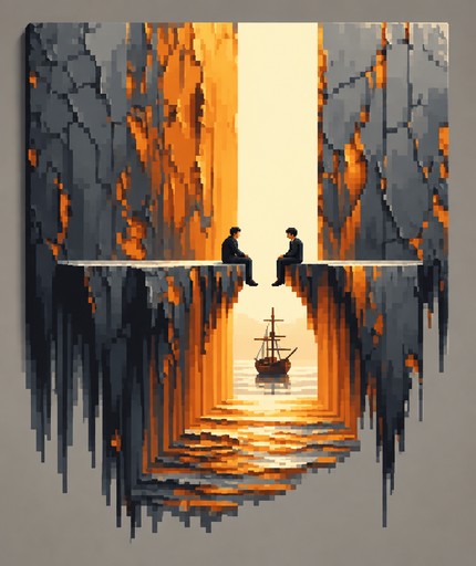 Pixel art of a sailing ship beneath a glowing golden canyon passage.