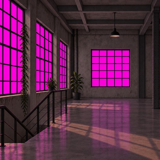 Pixel art hallway with magenta grid windows and reflective floors, viewed at dusk