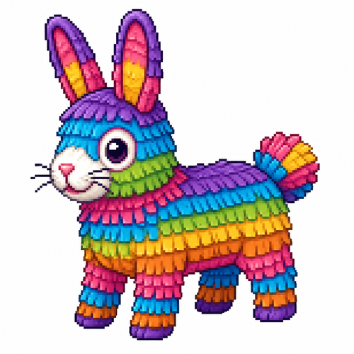 Cartoon piñata rabbit (quadruped), full body, white background