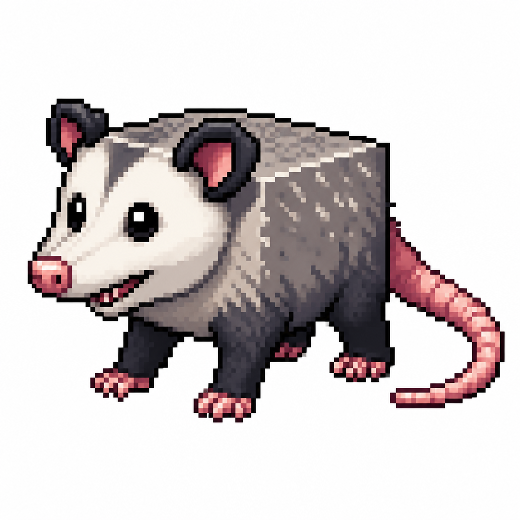 Cartoon cube opossum (quadruped), full body, white background