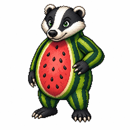 Cartoon watermelon badger, full body, white background