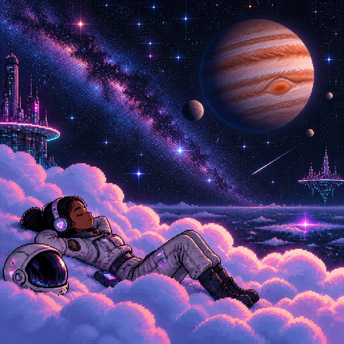 Seen from a distance a young teen girl astronaut with brown skin and headphones and helmet off lays down on fluffy clouds at night. Many stars and Jupiter are in background. Her eyes are closed