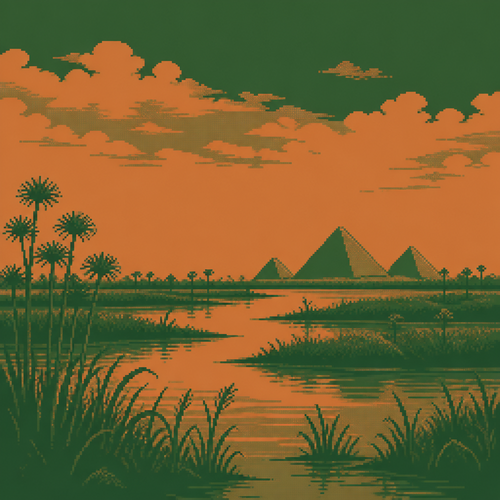flat matte illustration, late afternoon over a lush marshy delta with reeds and papyrus,
pyramids distant on the horizon, strictly limited color palette (2-3 tones maximum): forest
green and copper only, no other hues, calm shallow water threading through the greenery,
empty of people and animals, large open sky, no text - 18Bit pixel 