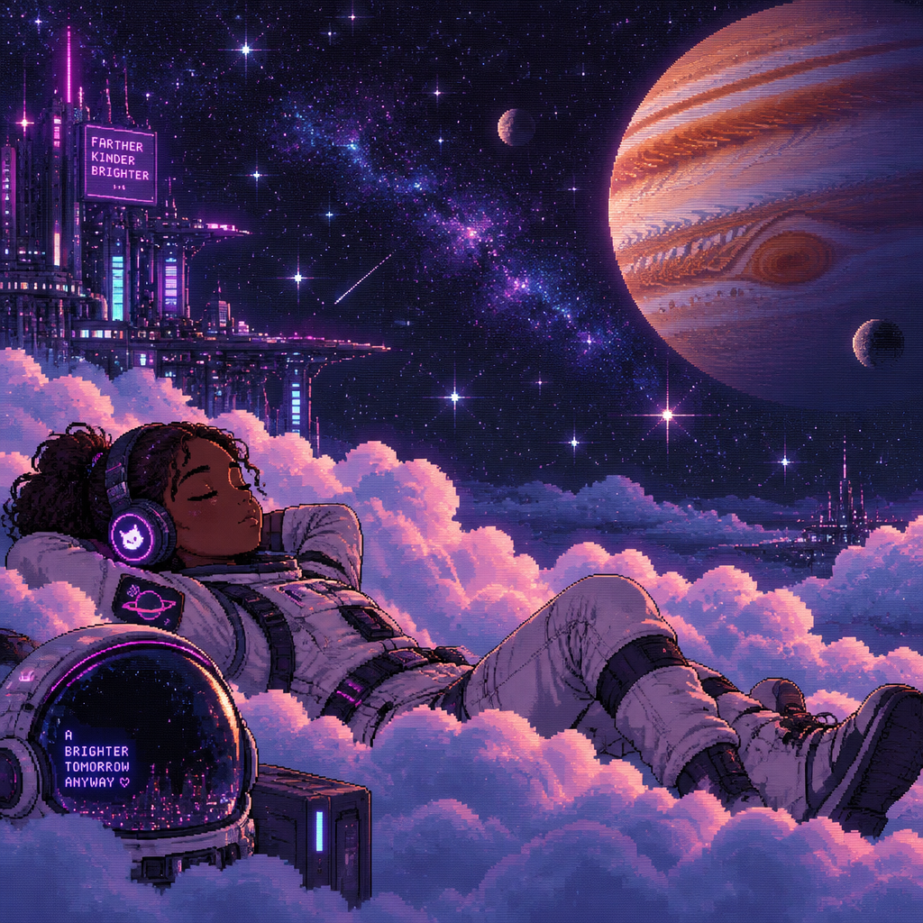 Seen from a distance a young teen girl astronaut with brown skin and headphones and helmet off lays down on fluffy clouds at night. Many stars and Jupiter are in background. Her eyes are closed