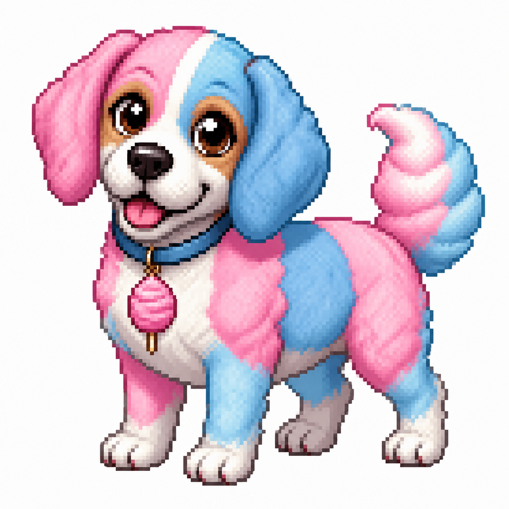 Cartoon cotton candy beagle, full body, white background