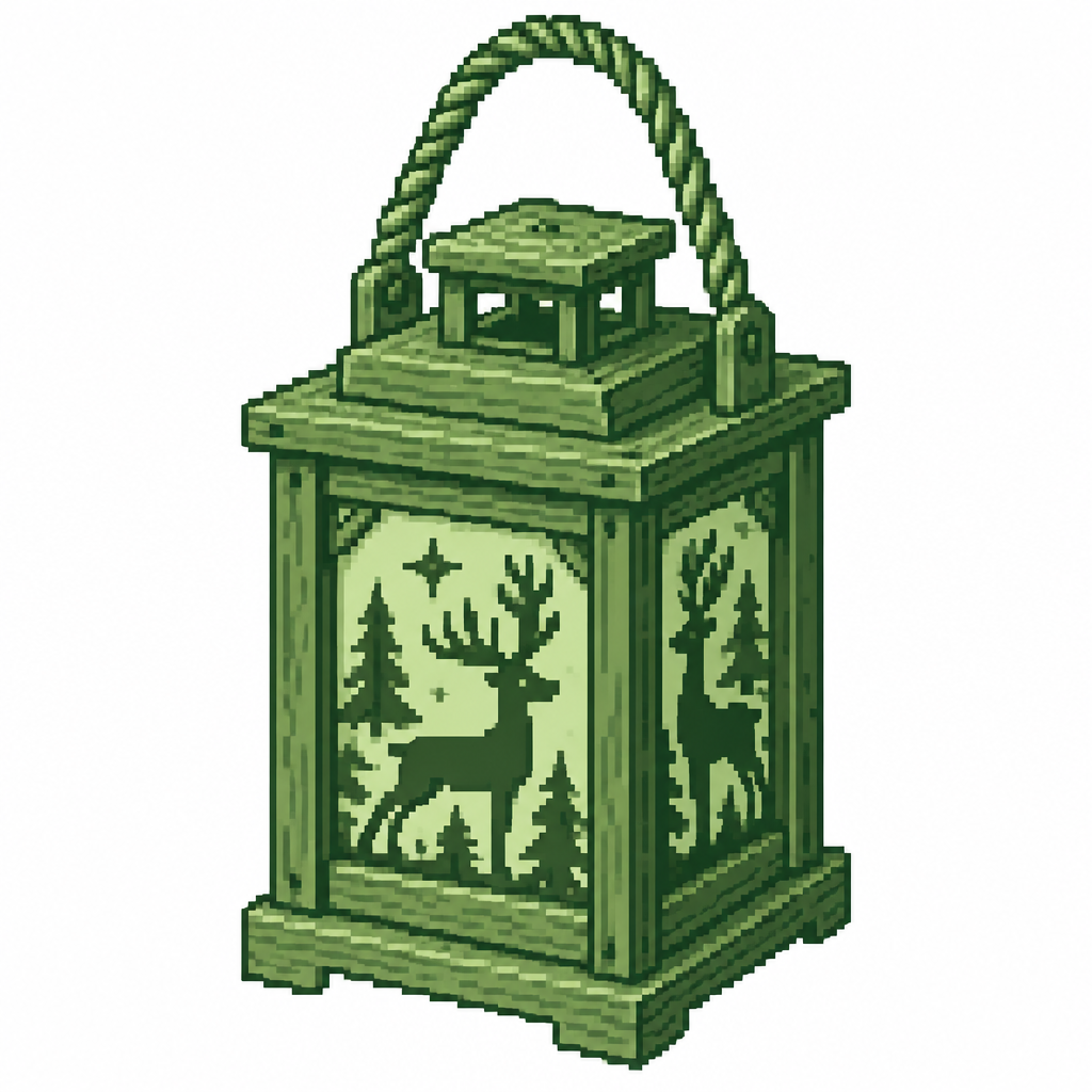 A wooden holiday lantern with carved reindeer panels and a rope handle. White background