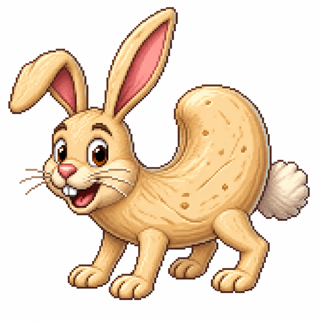 Cartoon cashew rabbit (quadruped), full body, white background