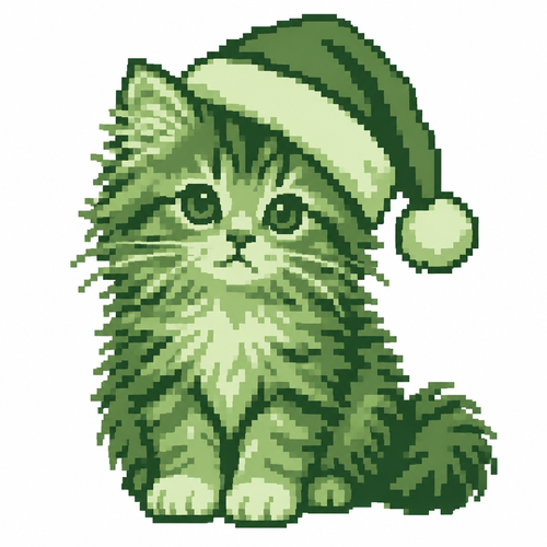 A long-haired kitten wearing a softly folded Santa hat. White background.