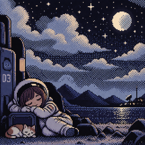 A small astronaut girl sleeps under a starry cloudy sky