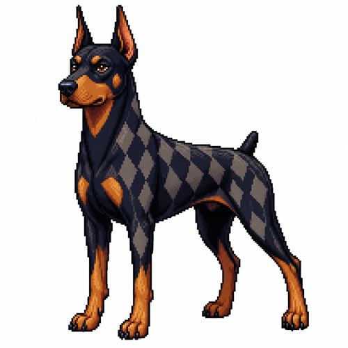 Cartoon doberman with diamond patterned fur, full body, white background