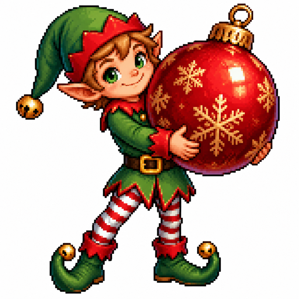 Christmas elf holding a giant Christmas ornament. White background