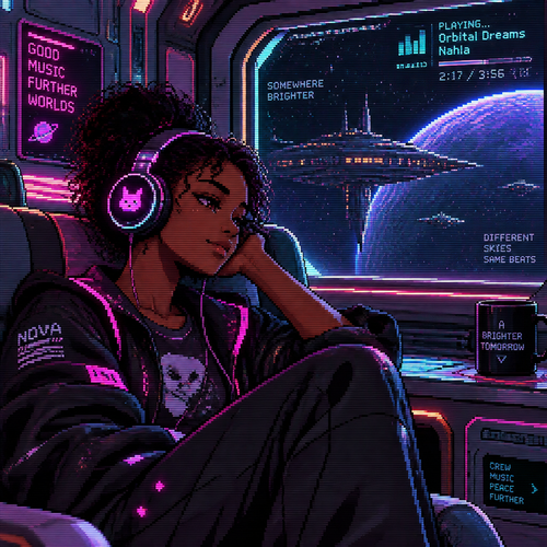 A young dark skin girl listens to music in headphones on a spaceship 