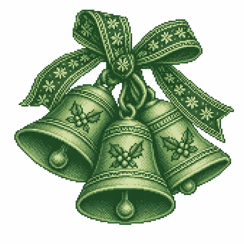 White background. Realistic A cluster of antique Christmas bells joined by one thick embroidered ribbon.