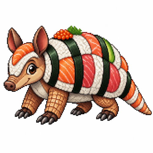 Cartoon sushi armadillo, full body, white background