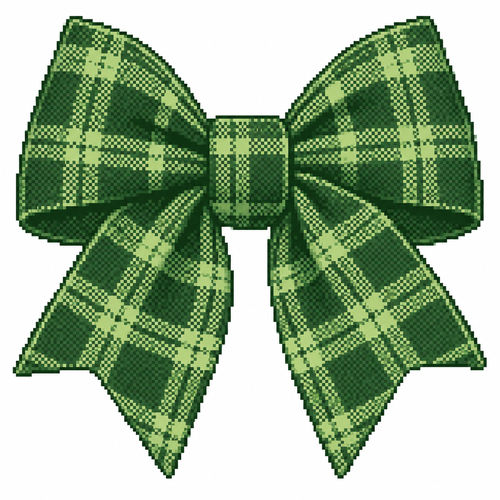 A tartan Christmas bow with sharply folded fabric and visible woven fibers. White background 