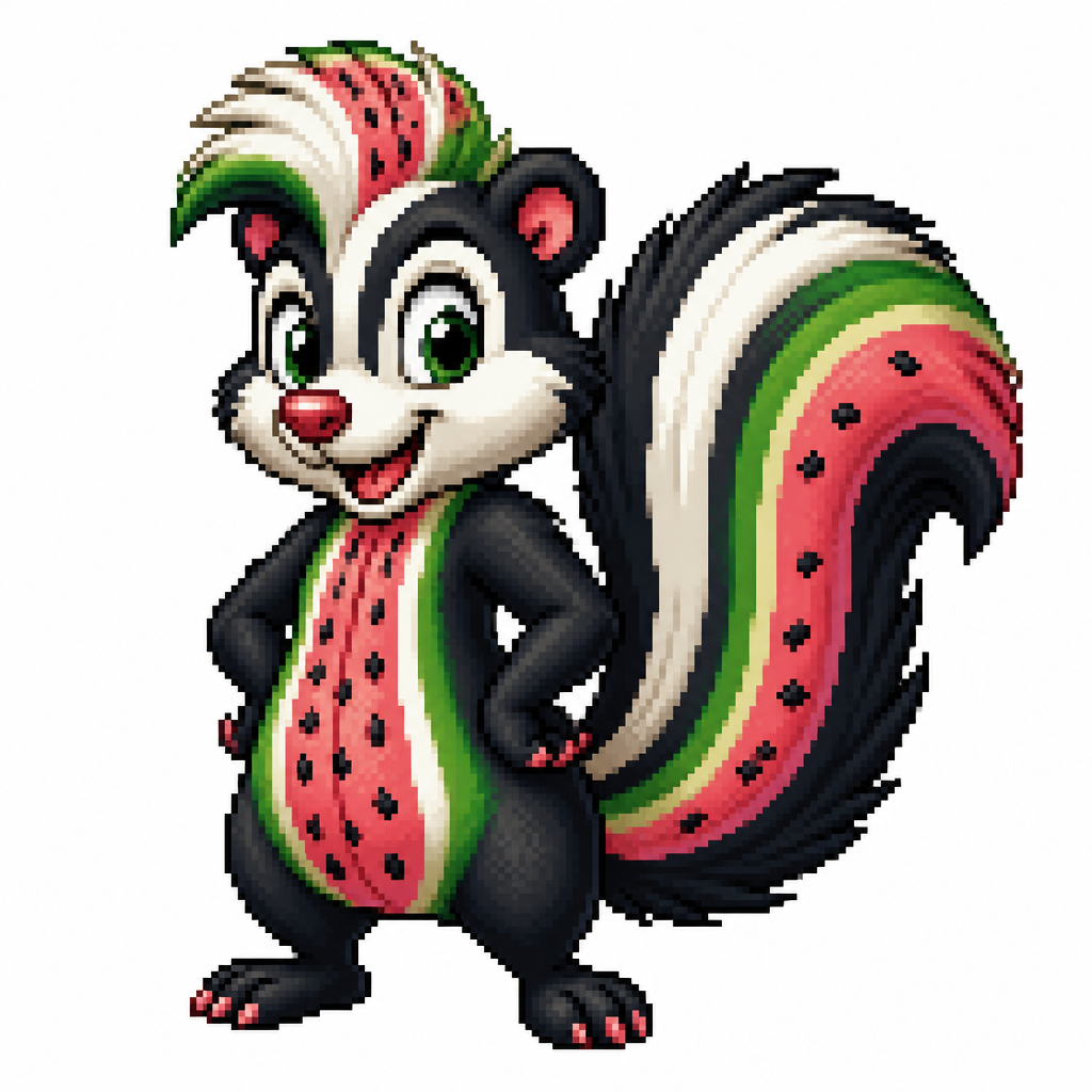 Cartoon watermelon skunk, full body, white background