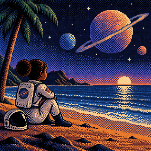 A young astronaut girl with brown skin watches planets from a beach shore