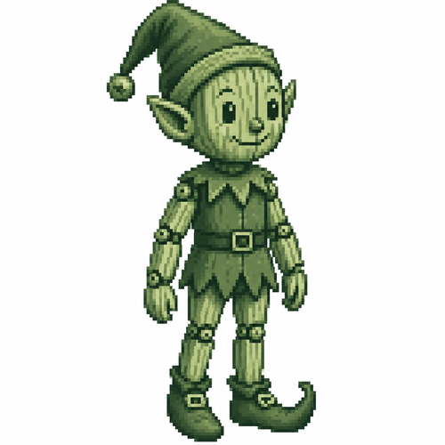A carved wooden elf figurine with detailed seams and pointed leather shoes. White background 