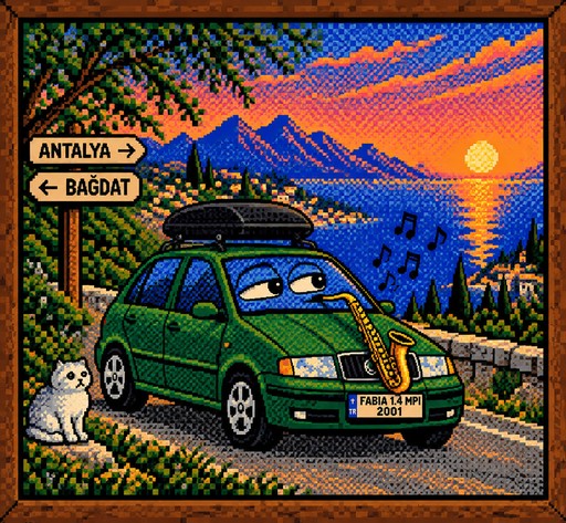 Pixel art green car by roadside signs at sunset, with music notes and a cat