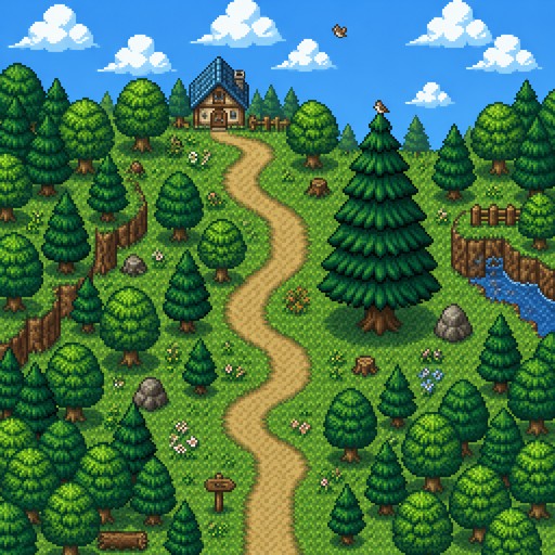 Paysage, sentier au milieu, forêt, grand sapin, oiseau, maison au loin, arrière-plan : ciel bleu avec des nuages.