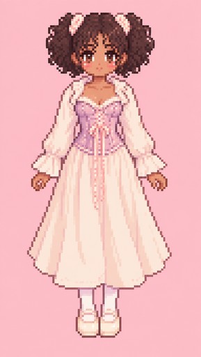 Pixel art person in a pink and white dress with dark curly hair.